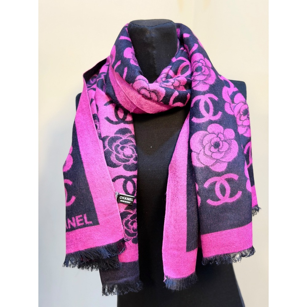 Chanel Silk Camellia CC Logo Scarf Pink Navy Blue Made in Italy Fringe Wrap